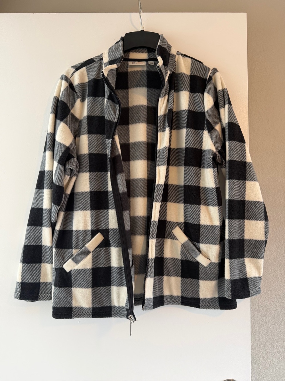 Denim&Co Black and White Buffalo Plaid Fleece Jacket
